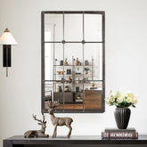 Rustic Brown Windowpane Wall Mirror with Metal Frame, 37.75" H x 23.8" W