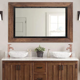 Rustic Wood and Iron Framed Bathroom Vanity Mirror, Wall Mounted Farmhouse Mirror for Bathroom and Bedroom