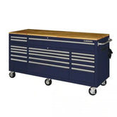 72-Inch 18-Drawer Mobile Workbench with Solid Wood Top, Gloss Blue