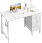40 Inch Small White Desk with Fabric Drawers, Compact Computer Writing Desk for Home Office, Bedroom and Study