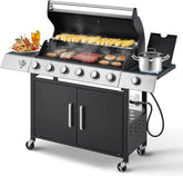 4-Burner Propane Gas Grill with Cast Iron Grates, Side Stove and 44,000 BTU Stainless Steel Burners
