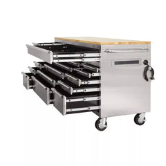 72-Inch 18-Drawer Mobile Workbench, 24-Inch Deep, with Solid Wood Top and Stainless Steel Finish
