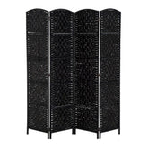 6 Ft Tall Four-Panel Wicker Weave Room Divider, Black Wood Privacy Screen