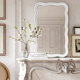 Curved Scallop Wood Frame Accent Mirror, Modern Decorative Wall Mirror for Living Room, Bedroom and Entryway
