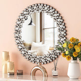 Modern Round Wall Mirror, Crystal Accent Decorative Mirror for Living Room, Bedroom and Entryway