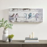 Hand Painted Perched Birds Wood Plank Wall Decor, White and Grey Decorative Wall Art