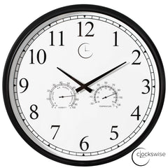 Large Outdoor Wall Clock with Thermometer, Waterproof Silent Garden Weather Station, Black