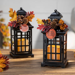 Set of 2 Autumn Lanterns with Fall Floral Accents, Decorative Seasonal Lanterns for Home, Porch and Table Decor
