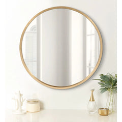 Round Wood Accent Wall Mirror, Modern Decorative Wooden Frame Mirror for Living Room, Bedroom and Entryway