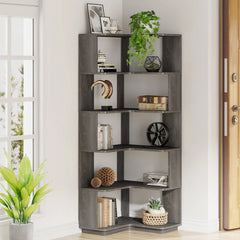64.9 Inch Tall 6-Tier Corner Bookshelf, Freestanding Wood Industrial Bookcase