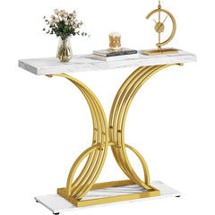 Modern Gold Console Table with Marbled Top, Sofa Table for Entryway and Hallway