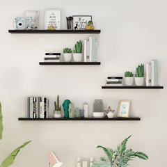 4-Piece Wood Floating Wall Shelves, White and Black Storage Shelf Set for Home Decor