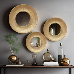 3-Piece Gold Metal Round Wall Mirror Set, 22.25" Diameter x 2.36" Deep, Decorative Wall Mirrors