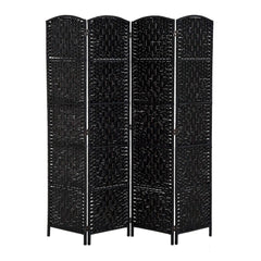 6 Ft Tall Four-Panel Wicker Weave Room Divider, Black Wood Privacy Screen