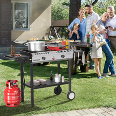 2-Burner Outdoor Propane Gas Stove with Griddle, Auto-Ignition, Regulator and Side Shelves, 150,000 BTU