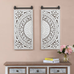 Set of 2 Distressed Ivory White Wood Flower Wall Art with Black Accents